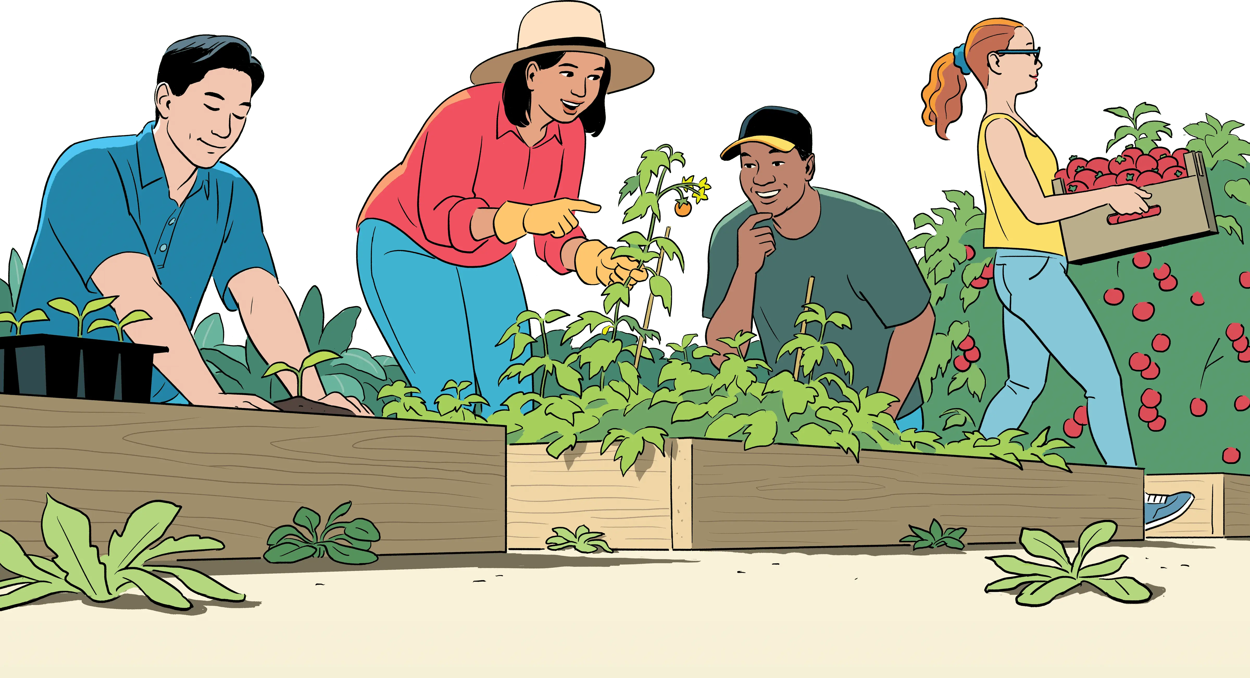 Illustration of people working together in a garden