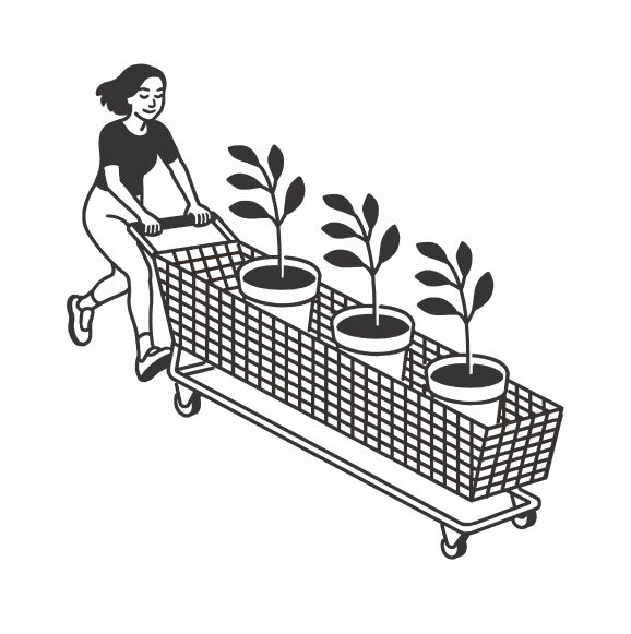 Illustration of a woman with multiple plants in a shopping cart