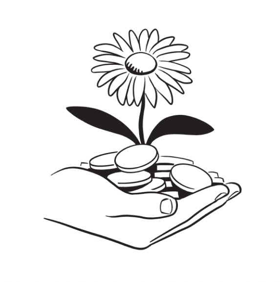 Illustration of hands with money and a sunflower